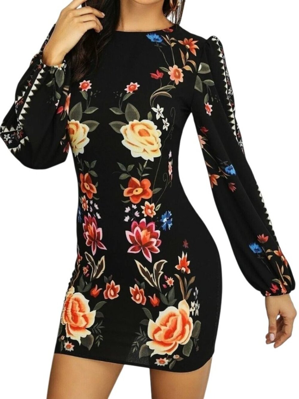 CBR Bodycon Mini Dress Cutout Back Bishop Sleeve Floral Fashion Slim Fit Size Sm